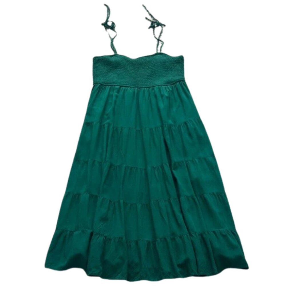 Fashion Dark Green Flowy Tiered Smocked Midi Dress with Spaghetti Straps -Size L - Picture 1 of 8